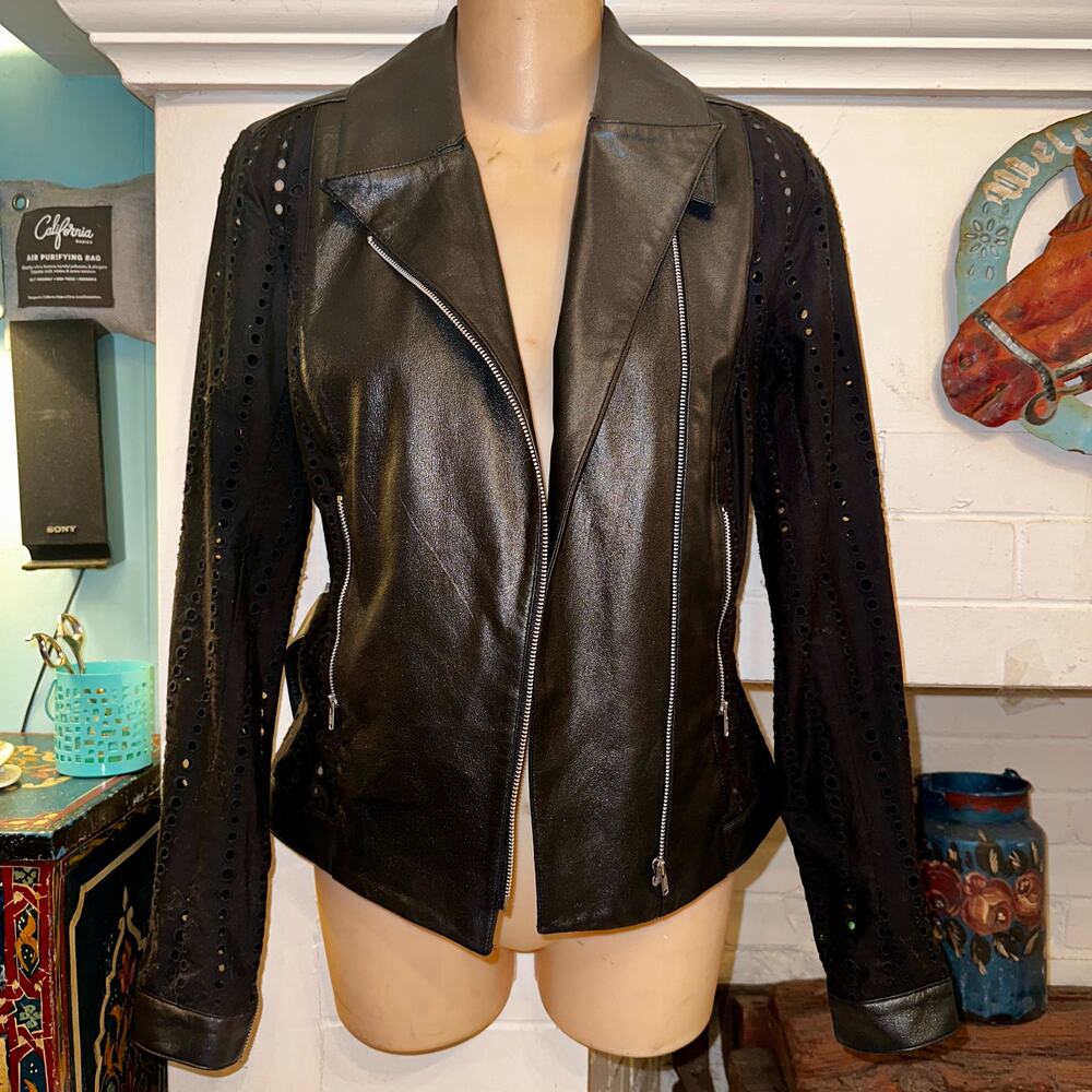 NEW SACHIN & BABI SUMMER LEATHER BIKER JACKET EYELET SLEEVES & BACK BELT